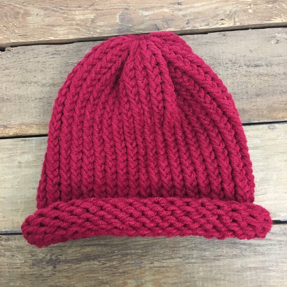 Red Knitted Beanie Toboggan Hat Hand Crafted Slouchy Rolled Edge Unisex